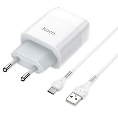 СЗУ 1USB Hoco C72A QC 3.0 White + USB Cable Type-C (2.1A)